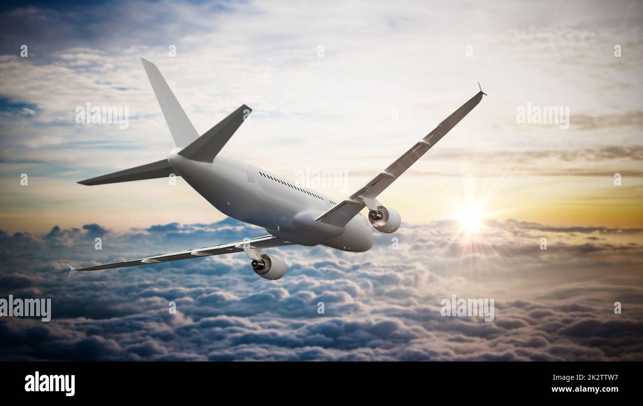 Ein kommerzielles Flugzeug am Himmel, das über den Wolken fliegt. 3D Abbildung Stockfoto