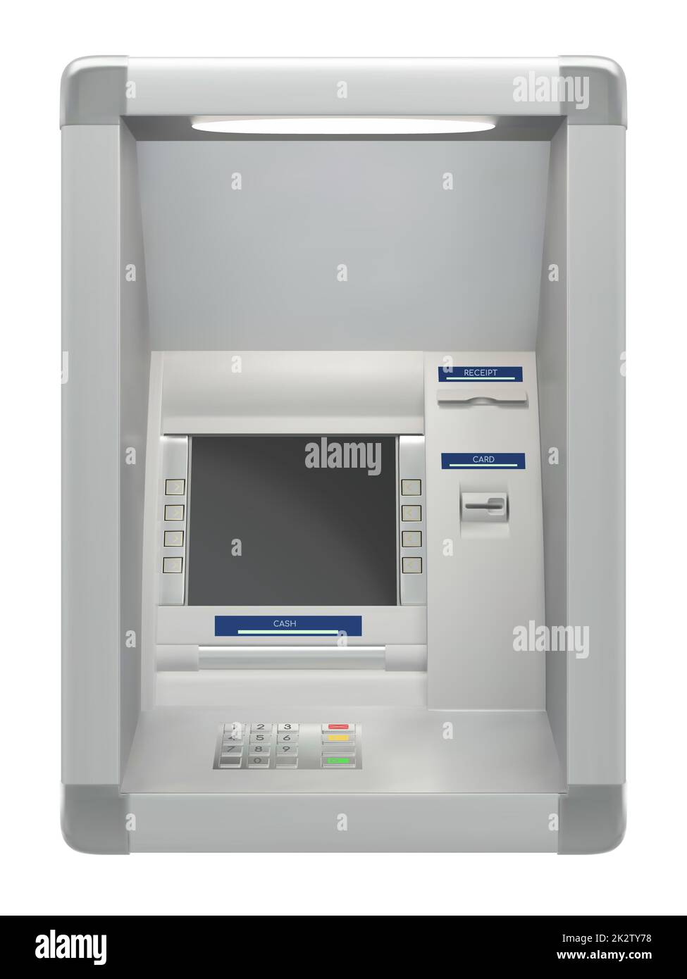 Geldautomat an der Wand isoliert auf weißem Hintergrund Stockfoto