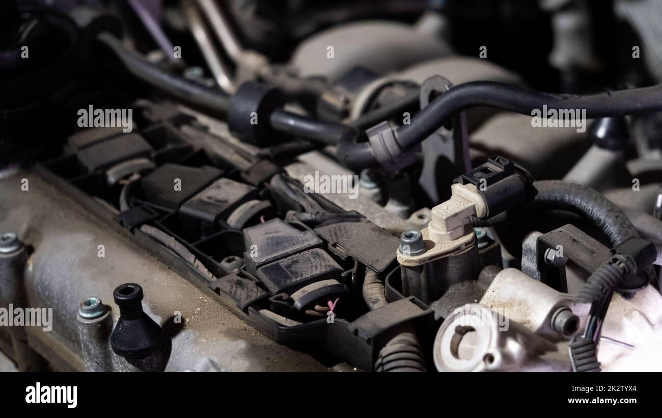 Alter Automotor mit Nahsicht. Stockfoto