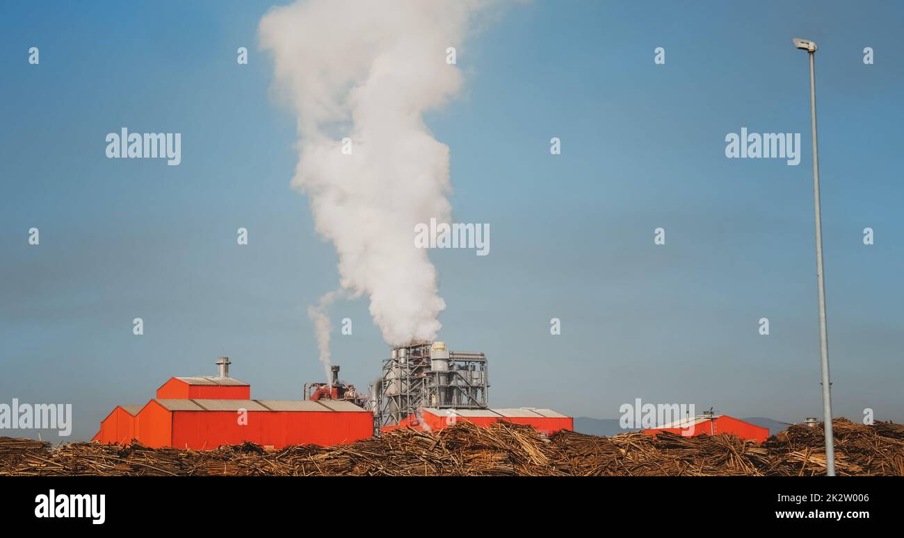 Holzverarbeitungsanlage verunreinigt die Luft mit Rauch aus dem Rohr. Stockfoto