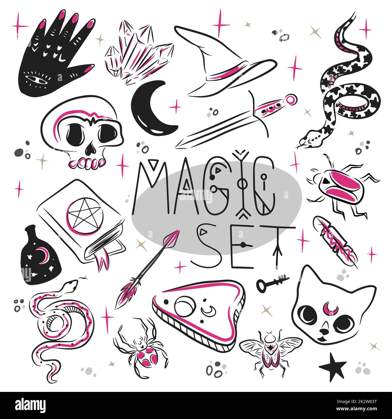 Zauberset, handschriftliche Inschrift, magische Accessoires und Objekte für Magie, Zeichnung im Doodle-Stil auf weißem Hintergrund Stock Vektor