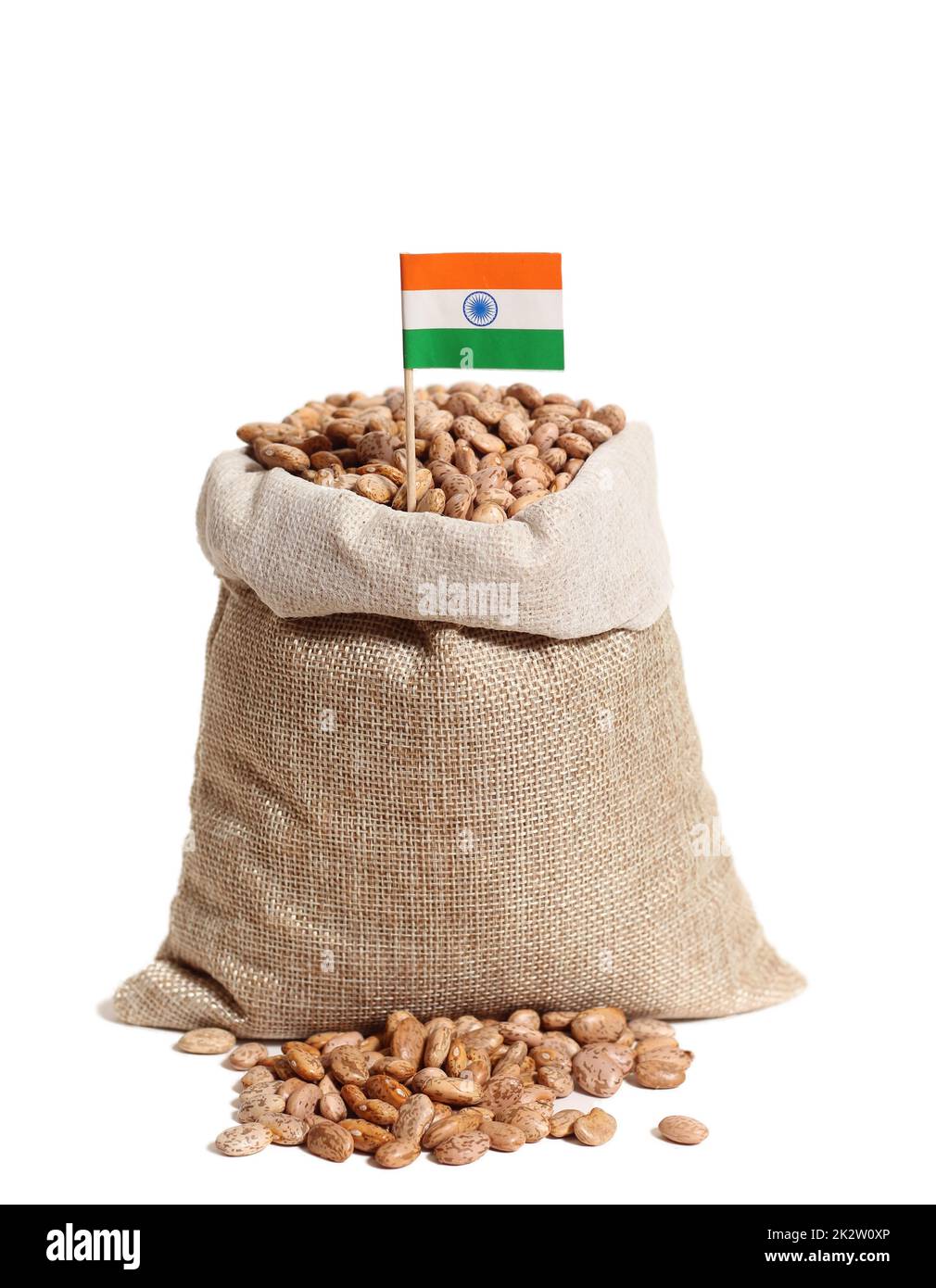 Sackleinen von Pinto Bohnen mit Flagge von Indien Stockfoto