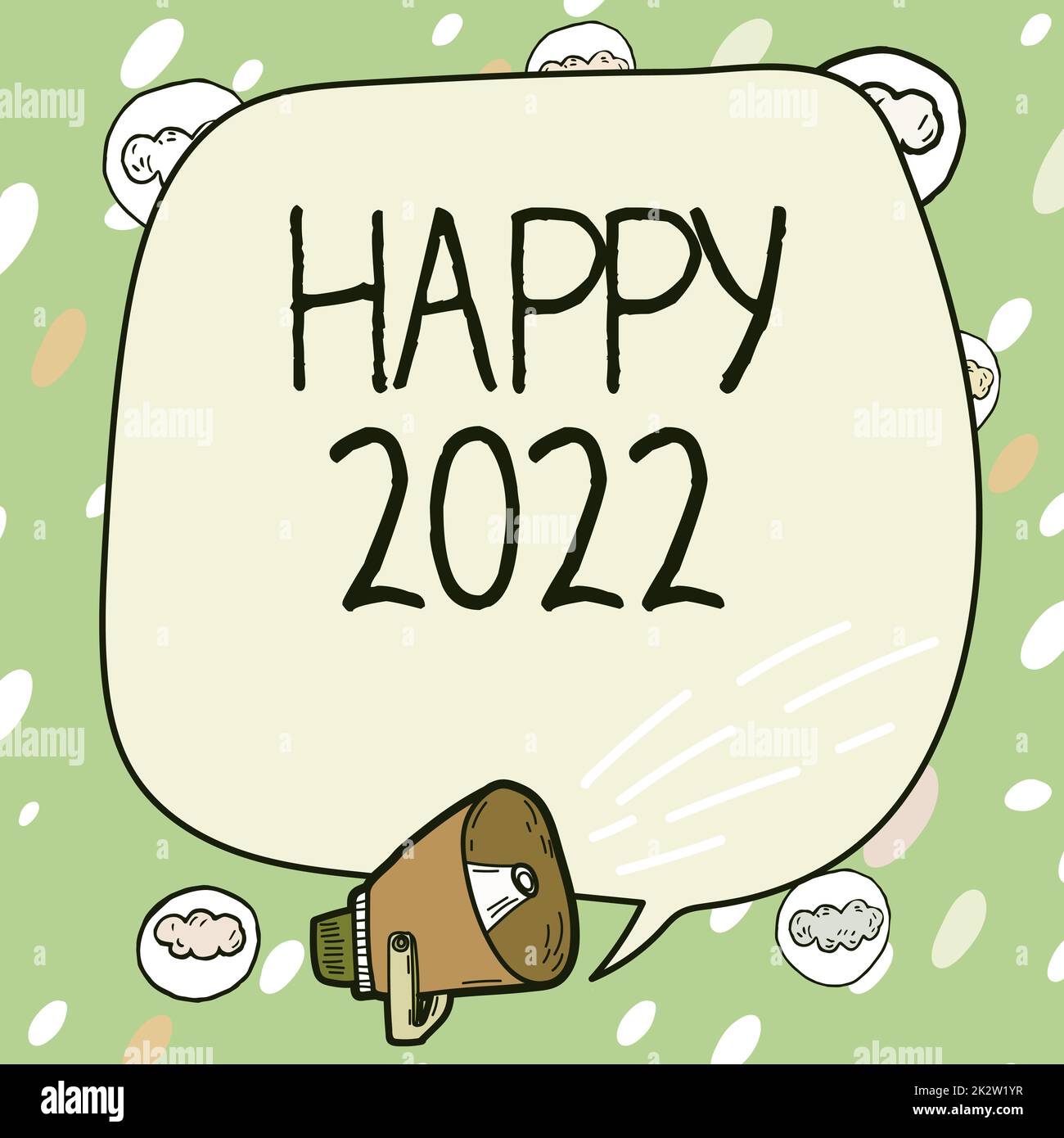 Handschriftliches Schild Happy 2022. Geschäftsvorführung Uhrzeit oder Tag, an dem ein neues Kalenderjahr beginnt Rahmen mit Sprachsymbolen zeigt Sprecher an, die Ankündigungen machen. Stockfoto