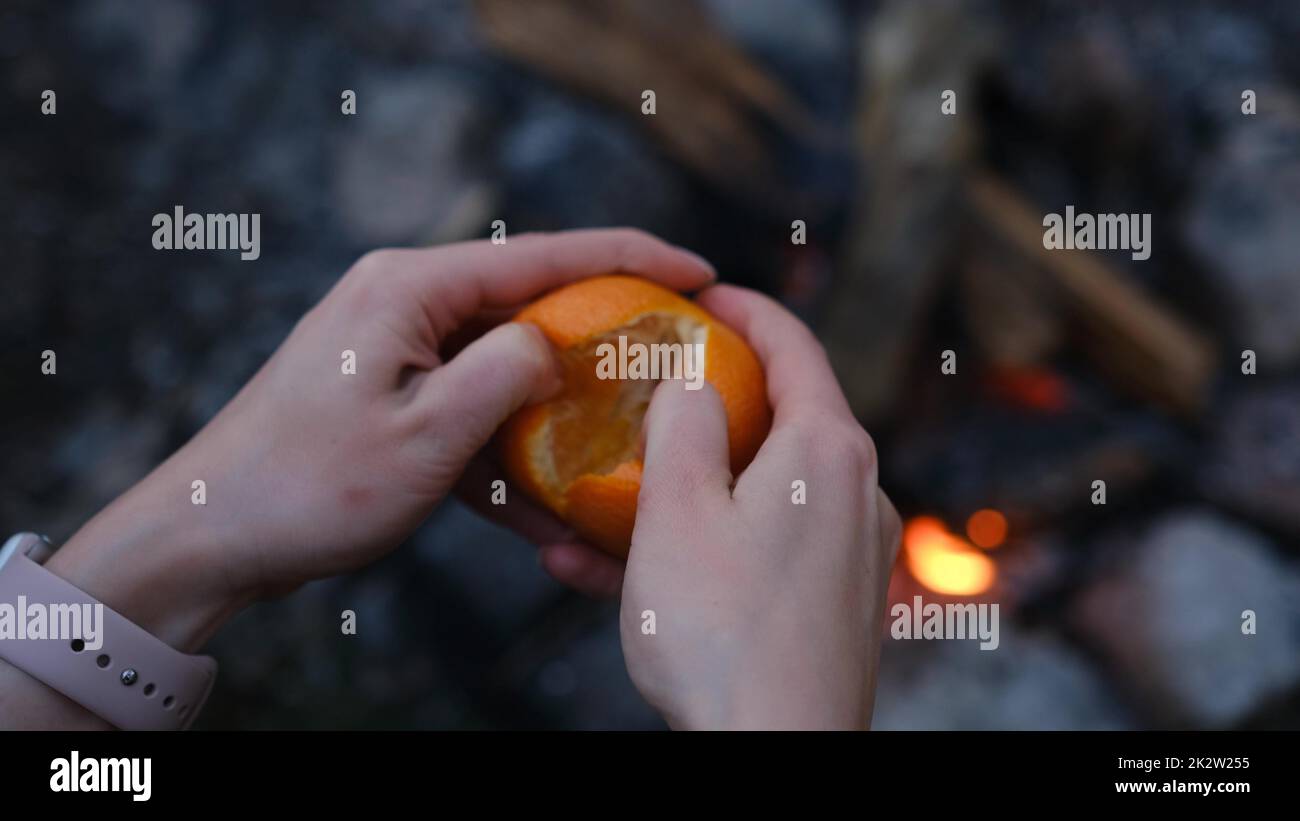 Eine Frau, die reife, süße Mandarine per Hand schält, dicht über dem Kamin im Wald beim Camping. Stockfoto