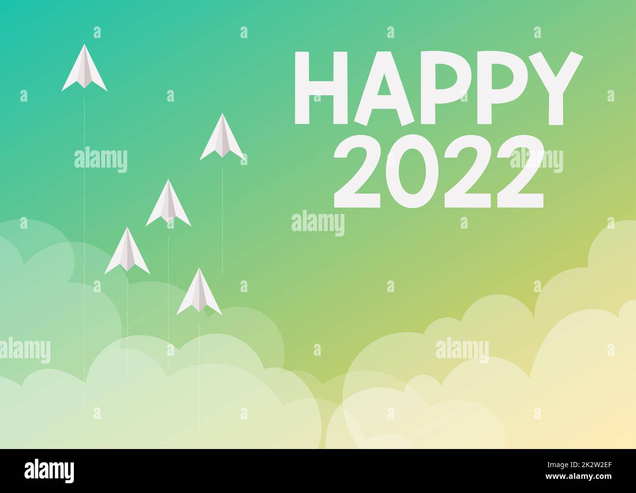 Inspiration mit Schild „Happy 2022". Internetkonzept Zeit oder Tag, an dem ein neues Kalenderjahr beginnt fünf Papierflugzeuge fliegen den Himmel hinauf, umgeben von Wolken, um Ziele zu erreichen. Stockfoto