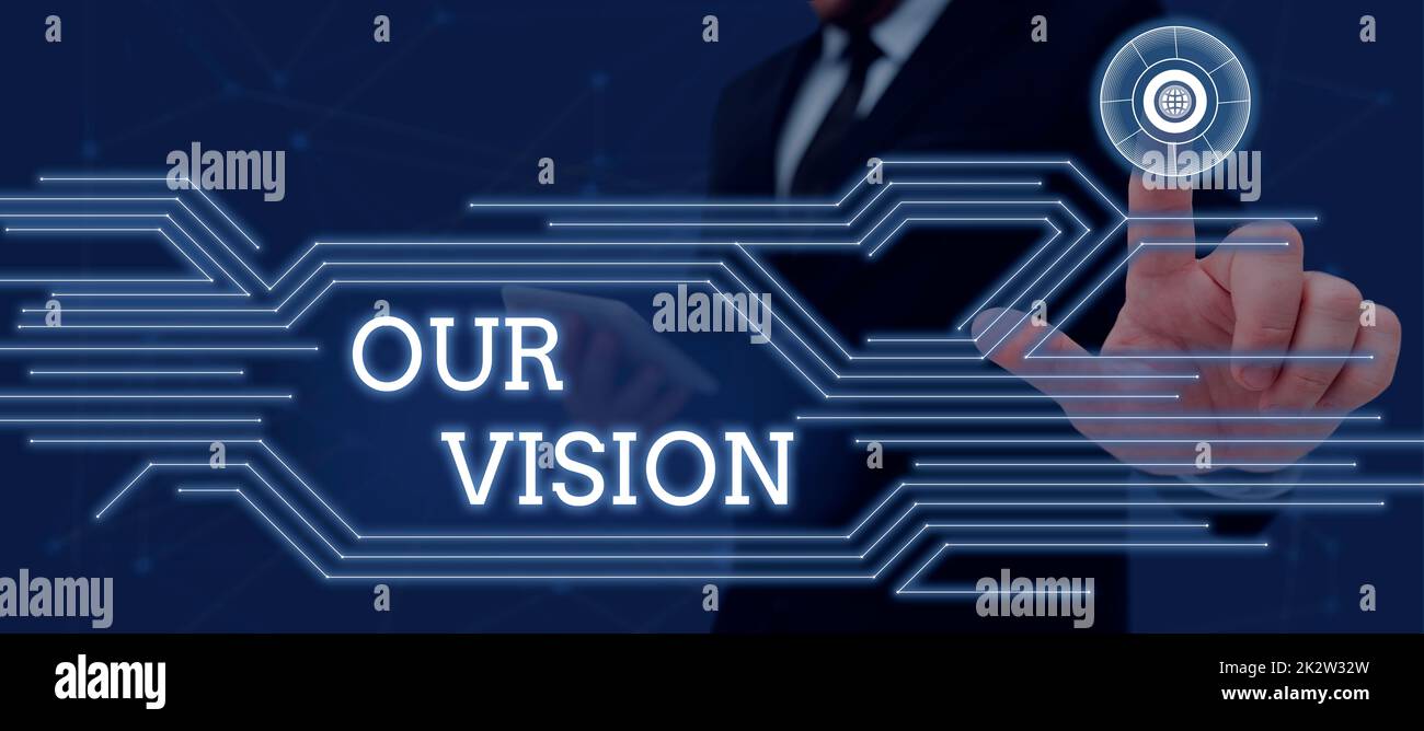 Textzeichen zur Darstellung unserer Vision. Geschäftsplan für die nächsten fünf bis zehn Jahre: Unternehmensziele, die zum Geschäftsmann im Anzug gemacht werden sollen und ein Tablet als Symbol für erfolgreiche Teamarbeit halten. Stockfoto