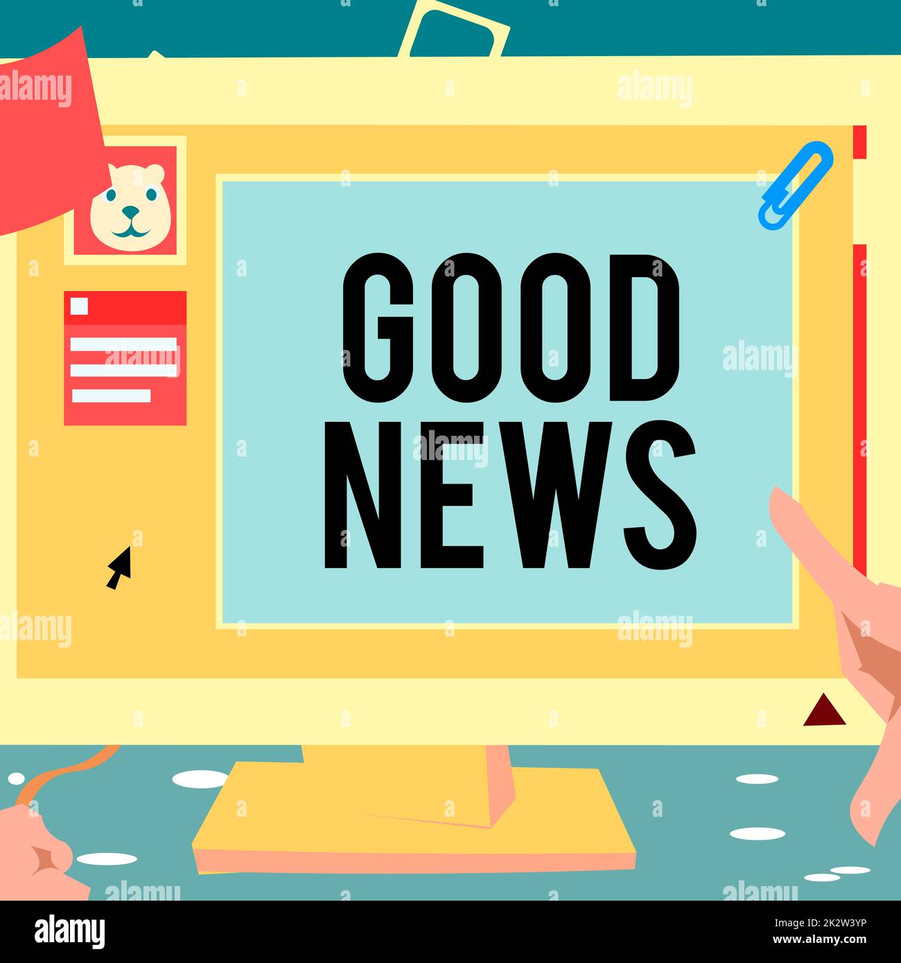 Text mit guten Neuigkeiten zur Inspiration. Konzeptfoto jemand oder etwas Positives, ermutigendes, aufbauendes oder wünschenswertes Handberührungsfoto Desktop Inside Web Browser mit neuester Technologie. Stockfoto