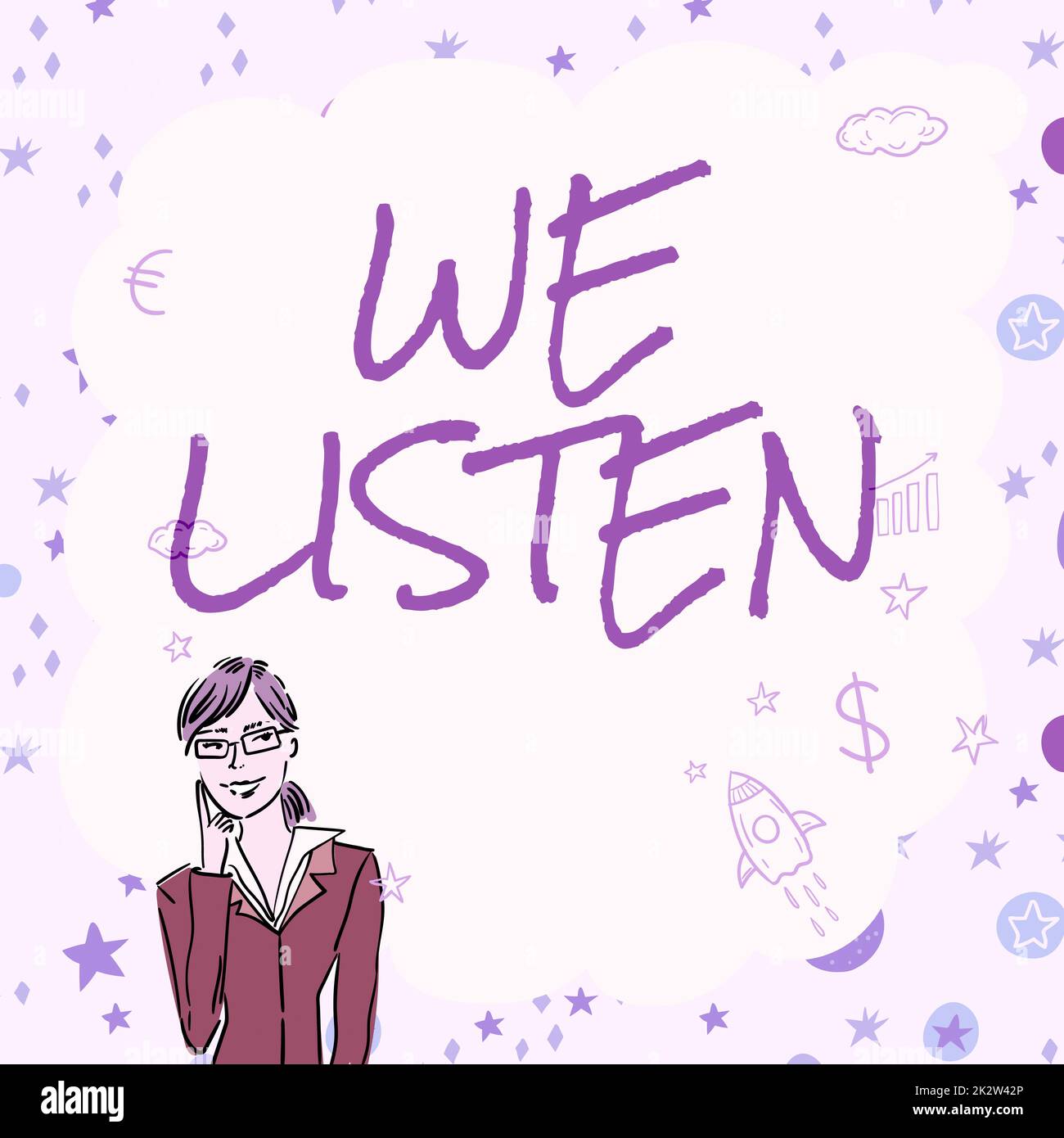 Handschriftlich mit dem Schild "Wir hören zu". Unternehmensübersicht Gruppe, die zeigt, dass sie bereit ist, alles zu hören, was sie sagen möchten Illustration von Lady Thinking tief alleine für New Amazing Tactical Ideas. Stockfoto
