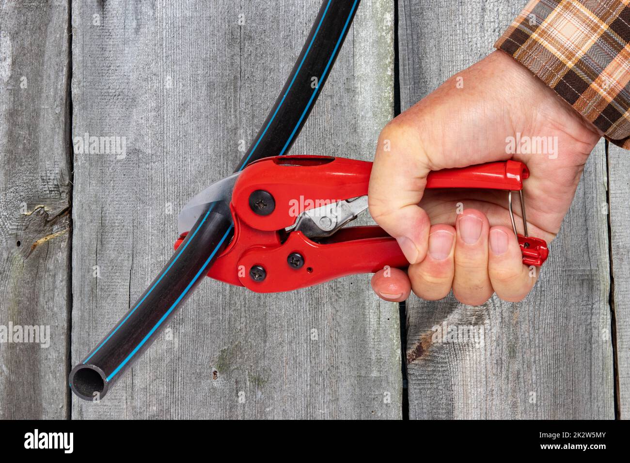 Handwerker-Werkzeuge. Ein Mann schneidet ein Stück PE-Druckrohr oder Wasserrohr mit einem roten pvc-Rohrabschneider auf Holzhintergrund. Beschneidungspfad. Trink- und Versorgungswassersysteme. Stockfoto