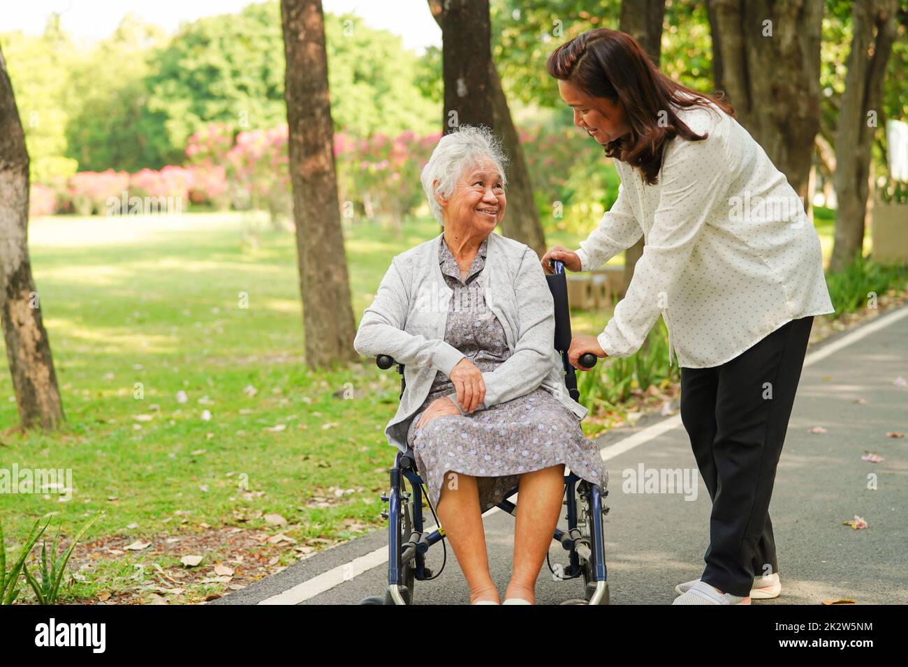 Pfleger helfen und unterstützen asiatische ältere oder ältere alte Dame Frau Patientin im Rollstuhl im Park, gesund starke medizinische Konzept. Stockfoto