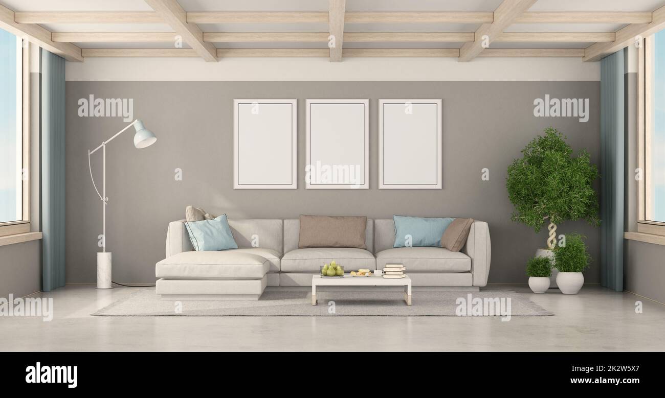 Postermodell in einem minimalistischen Wohnzimmer Stockfoto