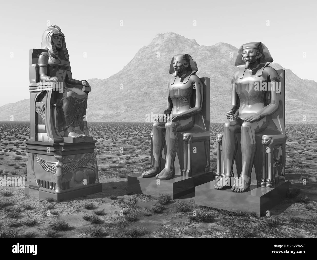 Statuen aus dem alten Ägypten in einer schwarz-weißen Landschaft Stockfoto