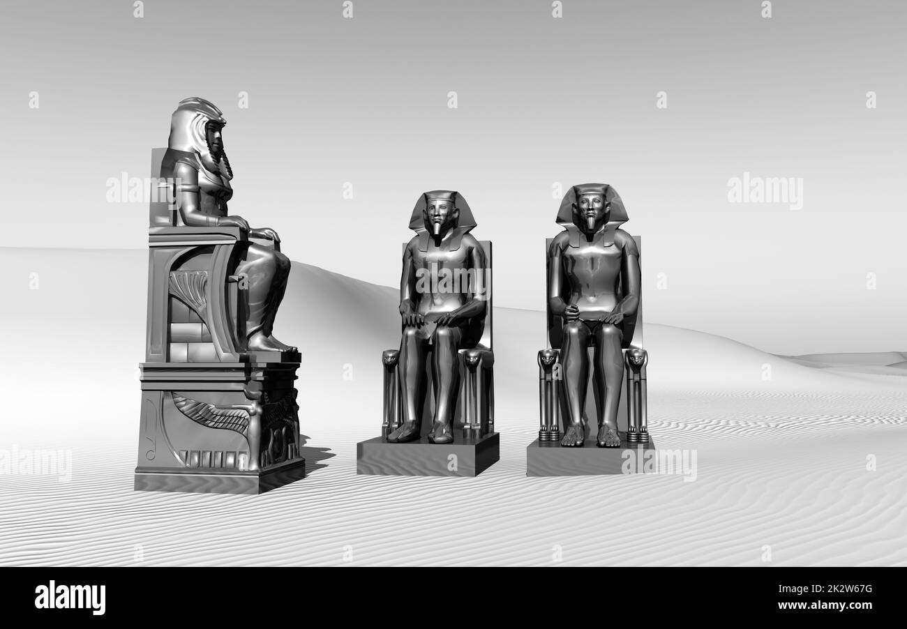 Statuen aus dem alten Ägypten in einer schwarz-weißen Landschaft Stockfoto
