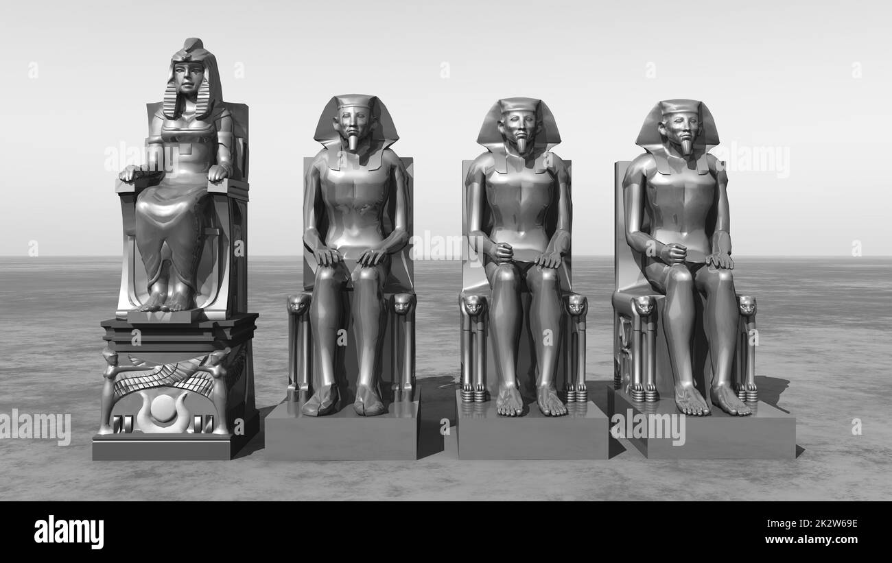 Statuen aus dem alten Ägypten in einer schwarz-weißen Landschaft Stockfoto