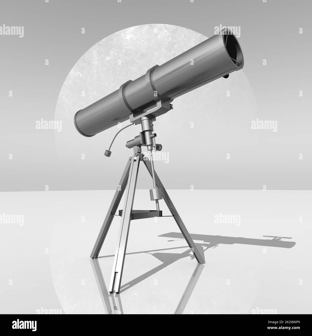 Teleskop vor einem Planeten in Schwarz-Weiß Stockfoto