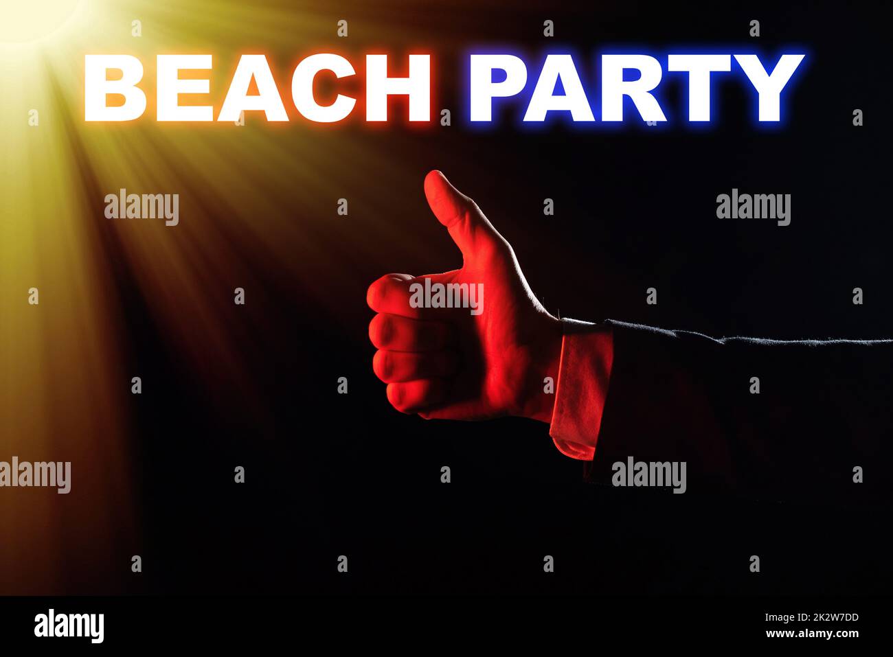 Konzeptionelle Bildunterschrift Beach Party. Ein Wort, das auf kleinen oder großen Festivals geschrieben wurde, die am Meer stattfinden und normalerweise einen Bikini-Geschäftsmann im Anzug tragen, der eine offene Hand hält und so erfolgreiche Teamarbeit symbolisiert. Stockfoto