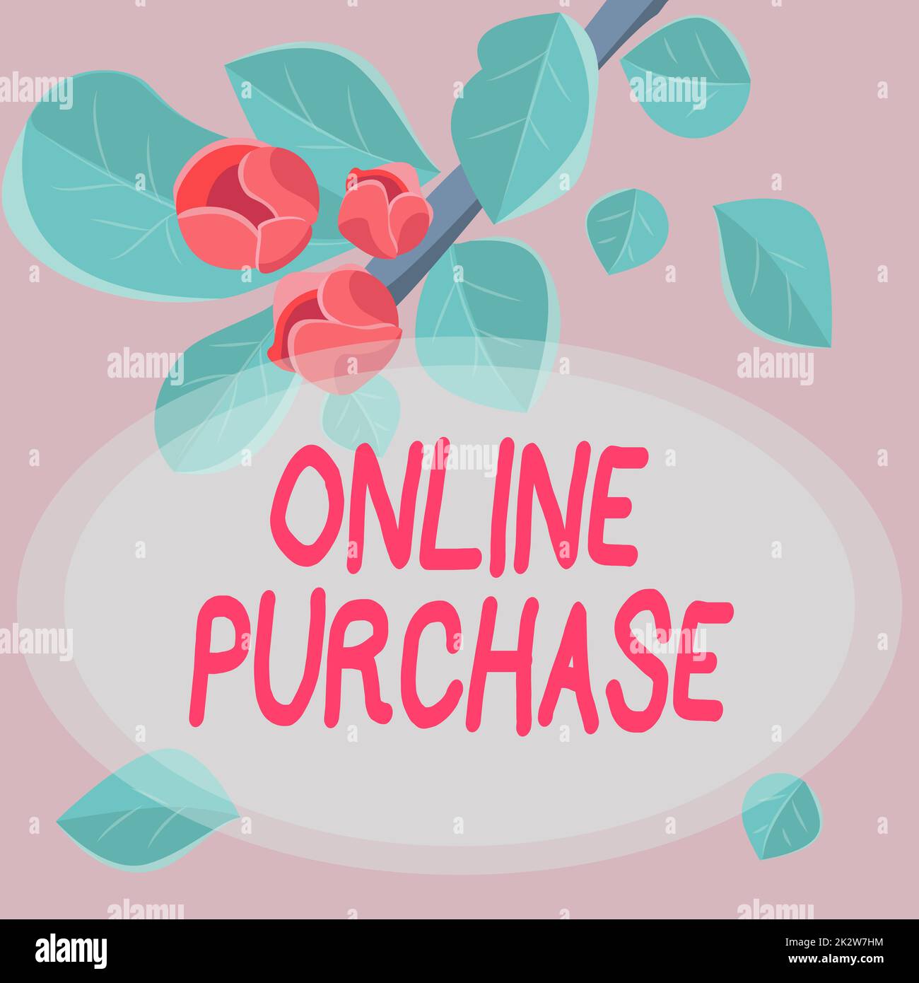 Handschrifttext Online-Kauf. Mit Konzeptfotos können Sie elektronische Handelswaren über das Internet erwerben. Der Rahmen ist mit farbenfrohen Blumen und Blattwerk geschmückt, die harmonisch angeordnet sind. Stockfoto