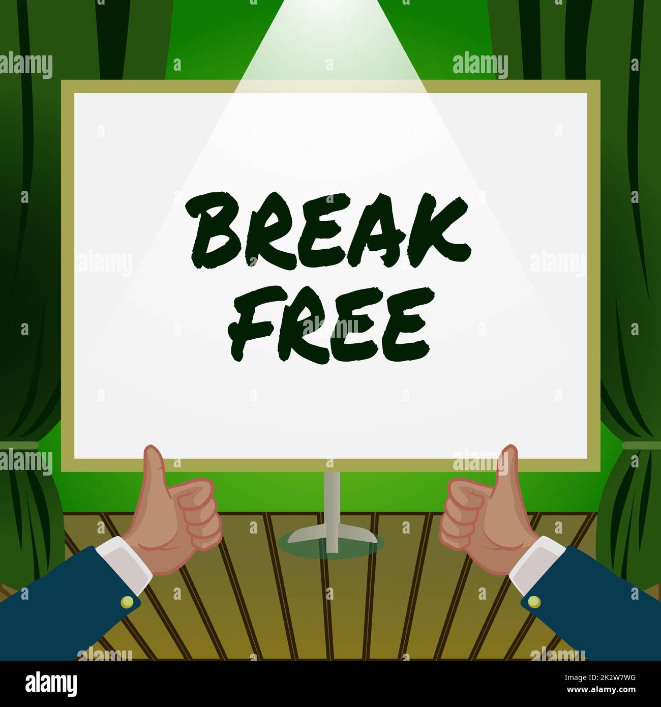 Text mit Inspiration Break Free. Konzept bedeutet eine andere Art, Erlösung aus Ketten zu sagen Freiheitsgefängnis Hände Daumen hoch Neue Ideen zeigen. Handflächen Mit Notiz Zur Präsentation Von Plänen Stockfoto