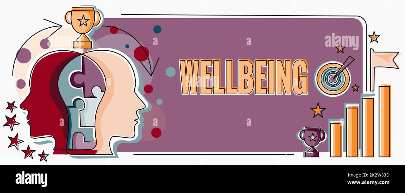 Konzeptionelle Darstellung des Wohlbefindens. Konzept, das einen guten oder zufriedenstellenden Zustand der Existenz einschließlich Gesundheit zwei Köpfe verbunden Puzzle zeigt Probleme lösen und Erfolg teilen Stockfoto