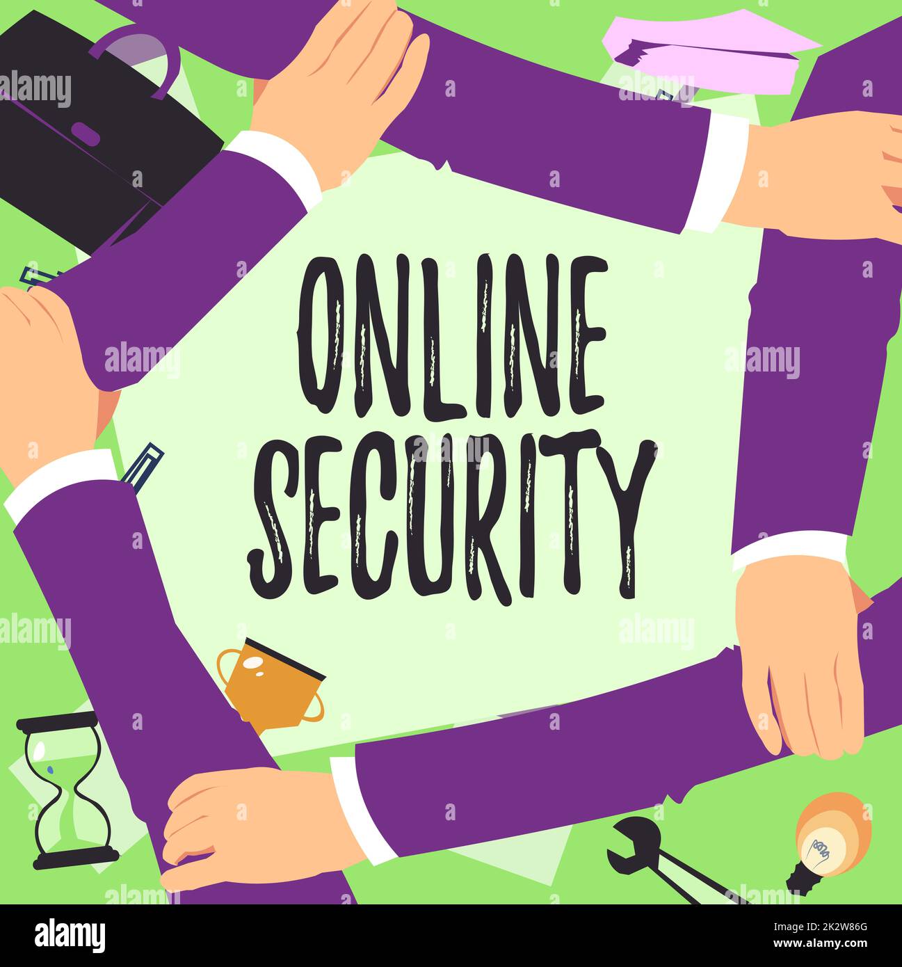 Inspiration mit Zeichen für Online-Sicherheit. Konzeptionelle Fotoregeln zum Schutz vor Angriffen über das Internet Four Hands Drawing Arm Together (vier Hände) Arms (Arm zusammenhalten) zeigen das Verbindungssymbol. Stockfoto