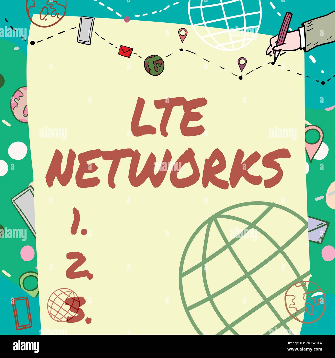 Konzeptionelle Beschriftung LTE-Netzwerke. Konzept bedeutet schnellste Netzwerkverbindung für drahtlose Kommunikation einfaches Whiteboard mit Handzeichnung für Schritte über den Globus. Stockfoto