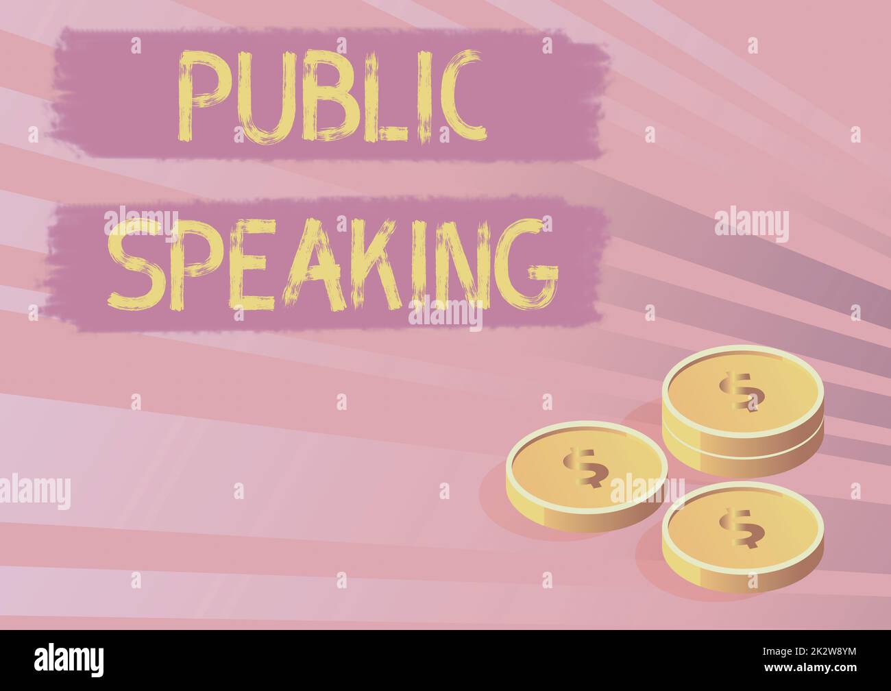 Handgeschriebenes Schild "Public Speaking". Das Wort, das auf Reden geschrieben wurde, zeigt die Bühne in der Fachkonferenz Präsentation Münzen symbolisieren zukünftige Finanzpläne, die erfolgreich Hypotheken berechnen. Stockfoto