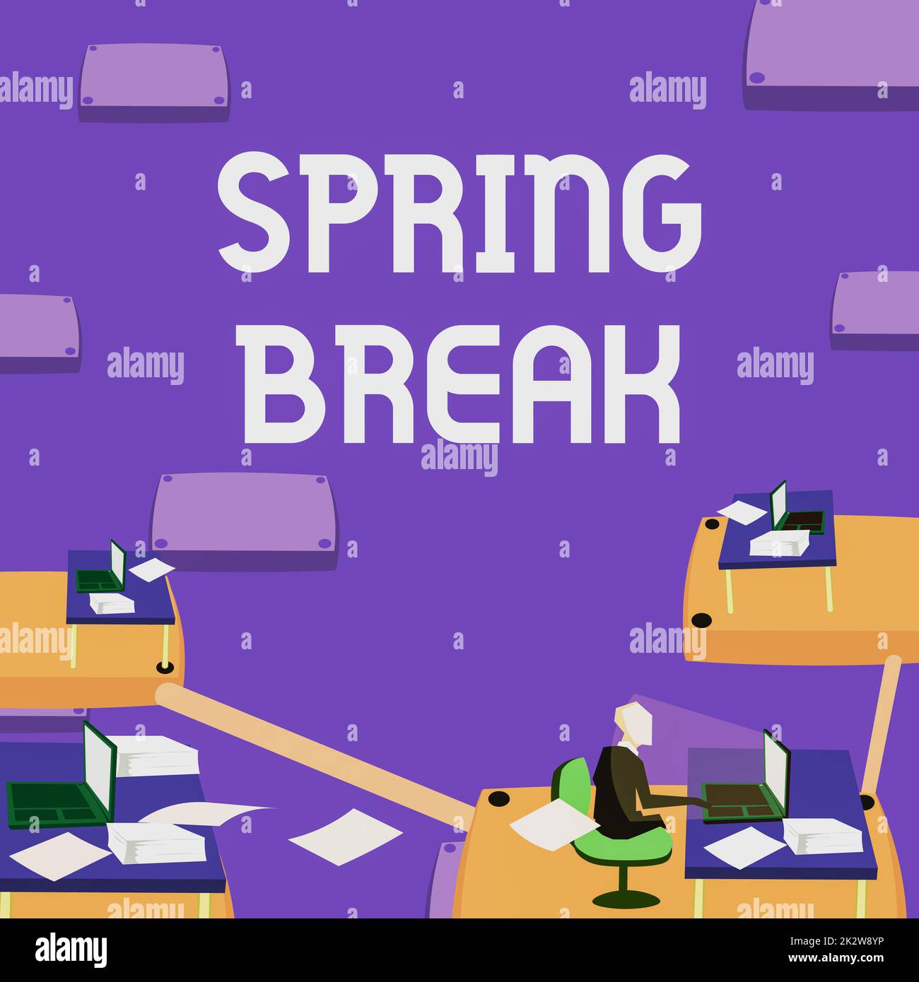 Text wird geschrieben Spring Break wird angezeigt. Word for Vacation period in School and University während des Frühjahrs männlicher Büroangestellter, der Technologie und Büromaterial nutzt. Stockfoto