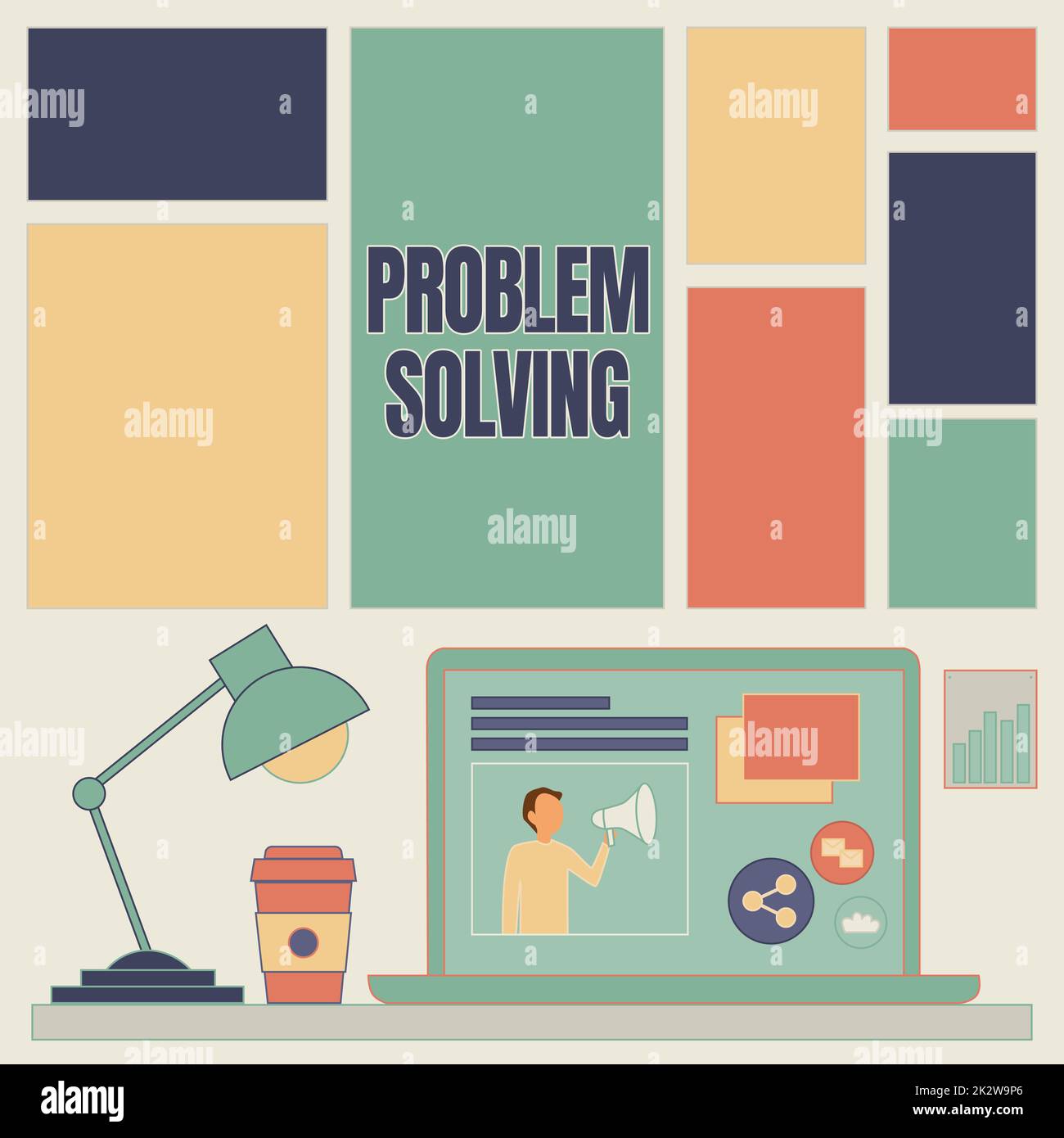 Inspiration mit Zeichen zur Problemlösung. Geschäftsidee, um eine Antwort oder Mittel zu finden, wie man effektiv mit dem Laptop auf Einem Tisch neben dem Kaffeebecher und der Schreibtischlampe umgeht, die den Arbeitsprozess zeigt. Stockfoto