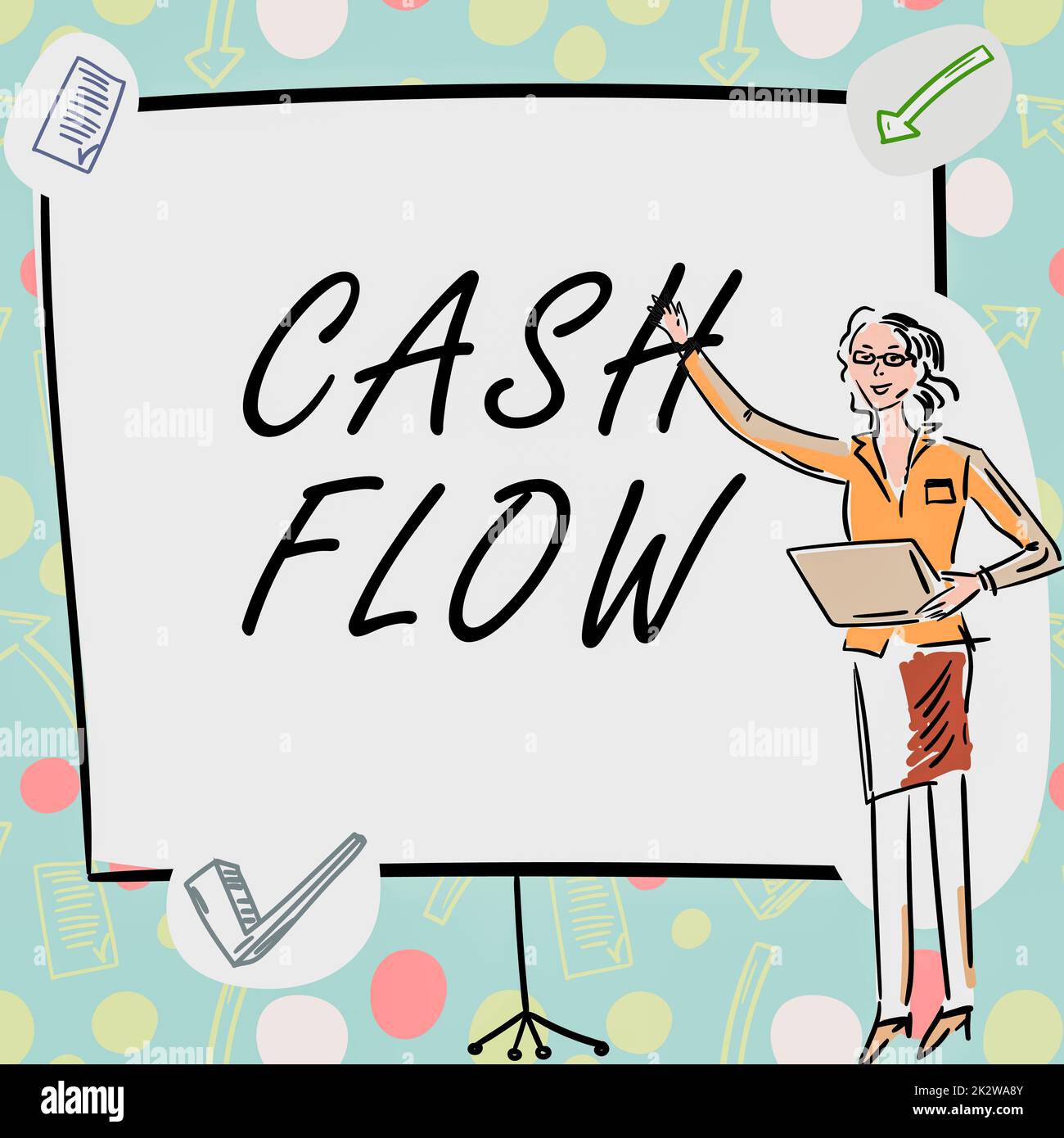 Textüberschrift für den Cashflow. Internet-Konzept Bewegung des Geldes in und aus die Liquidität beeinflussen Geschäftsfrau Casual Stand präsentiert Diagramme und neue wundervolle Ideen. Stockfoto