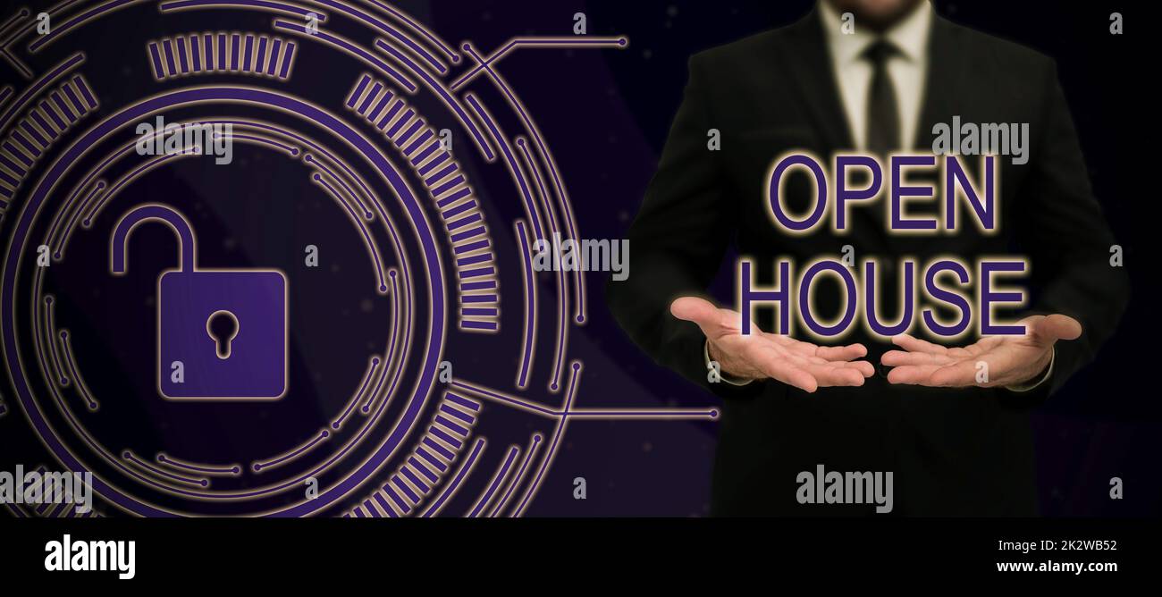 Handgeschriebenes Schild Open House. Geschäftsansatz Sie können kommen, wann immer Sie möchten Fühlen Sie sich zu Hause Geschäftsmann im Anzug, der die Hand offen hält und so für erfolgreiche Teamarbeit steht. Stockfoto