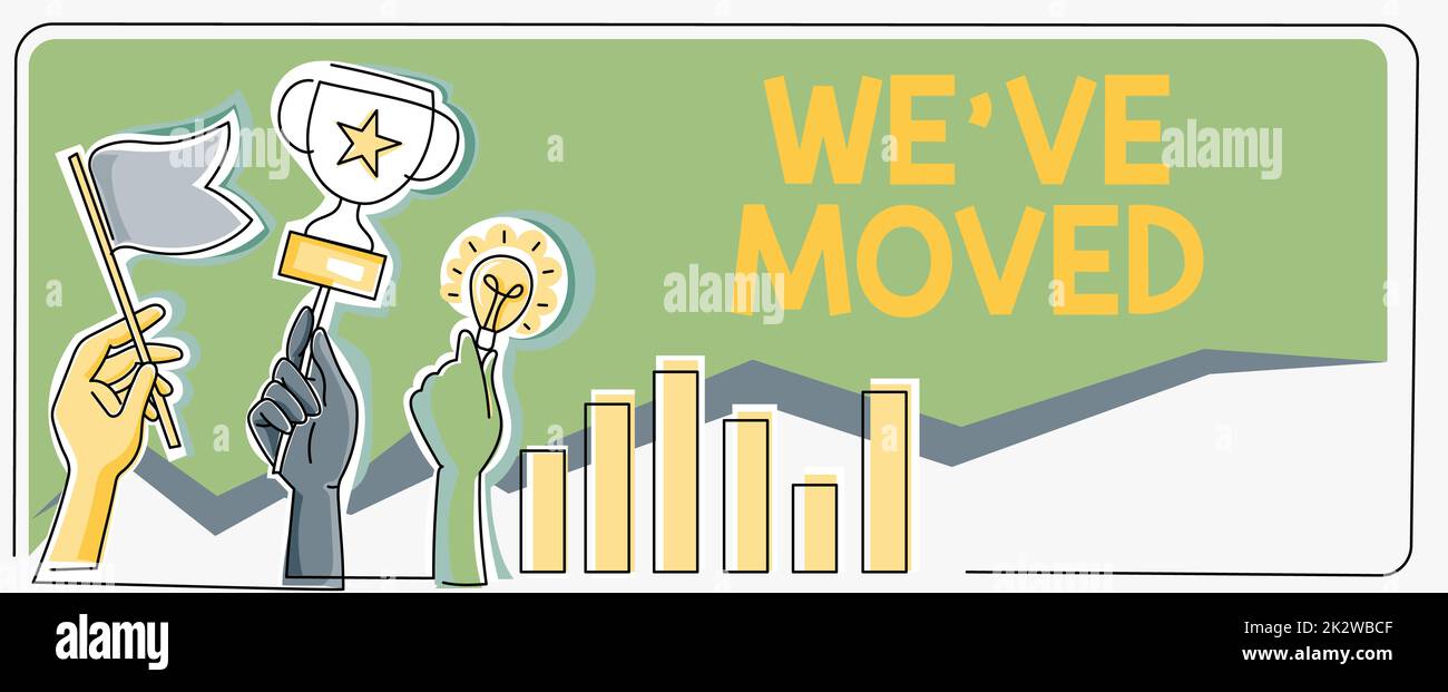 Begrifflicher Titel Wir haben uns bewegt. Konzept bedeutet, von einem Ort aus zu leben, von einem anderen Land aus, mit Flaggenzielen, Lamp Ideas Trophäe zur Feier des Erfolgs Diagrammbalken Stockfoto