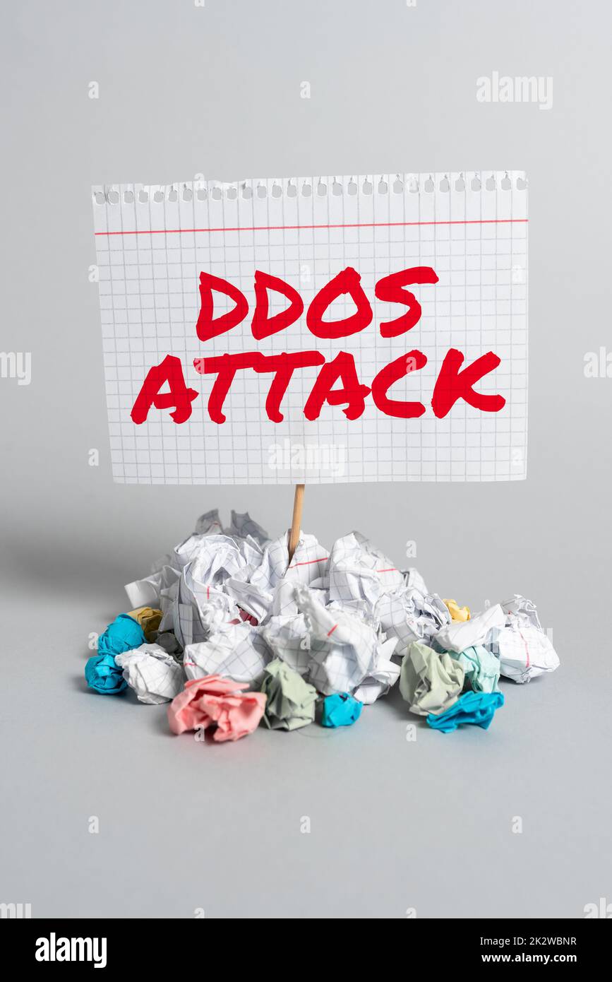 Konzeptioneller Titel DDoS-Angriff. Geschäftskonzept-Täter versucht, Netzwerkressourcen nicht verfügbar zu machen -47804 Stockfoto