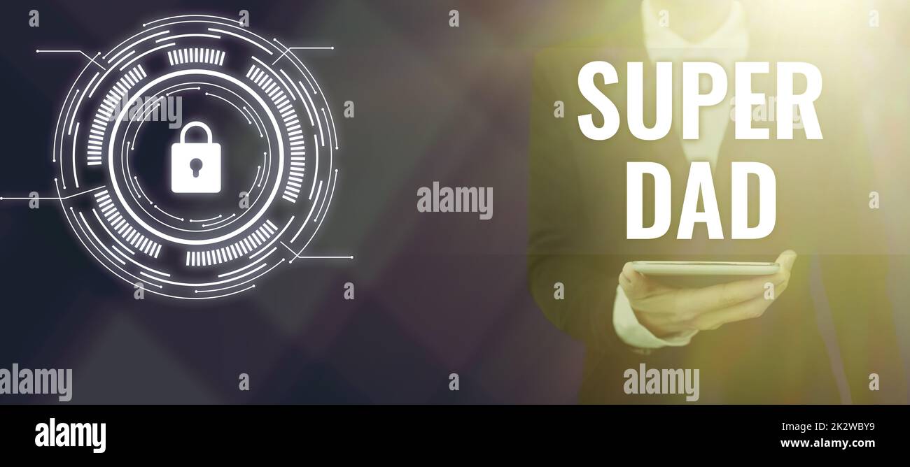Textschild mit Super Dad. Word for Children Idol und Superheld eine Inspiration, um auf mehrere Köpfe mit Zahnrädern Blick zeigt Technologie-Ideen. Stockfoto