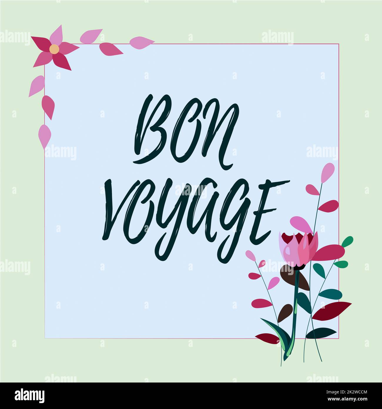 Text zeigt Inspiration Bon Voyage. Ein Wort für gebraucht drückt jemandem gute Wünsche aus über die Reise Rahmen dekoriert mit bunten Blumen und Laub harmonisch angeordnet. Stockfoto