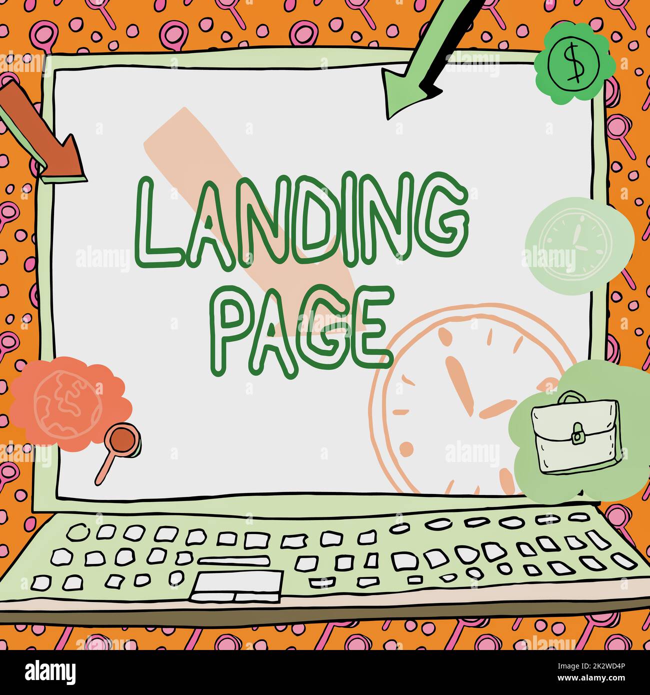 Text mit Inspiration Landing Page. Word für Website, auf das durch Klicken auf einen Link auf einer anderen Webseite zugegriffen wird Poster mit monetären Symbolen, die die Pünktlichkeit der Mitarbeiter anzeigen. Stockfoto