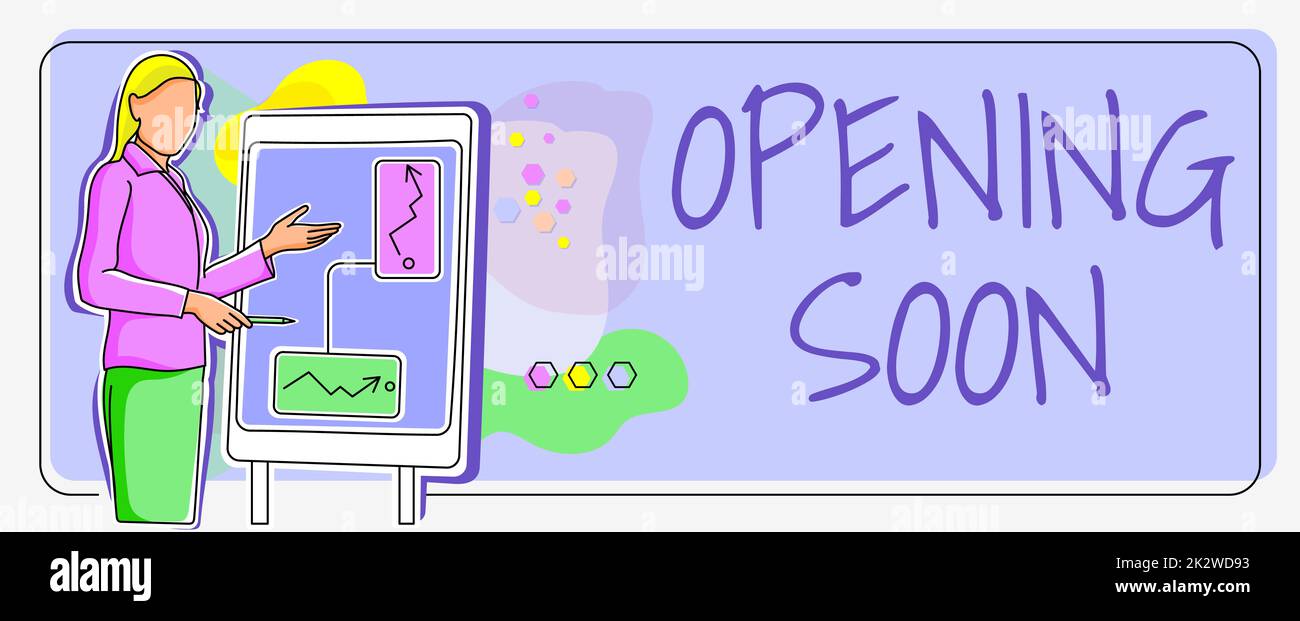 Handschrifttext wird bald eröffnet. Wort, das geschrieben wurde, dass es jederzeit öffentlich verfügbar sein oder zugänglich sein wird in Kürze Lady Standing Front Backdrop hält Präsentation zum Erreichen von Projektzielen. Stockfoto
