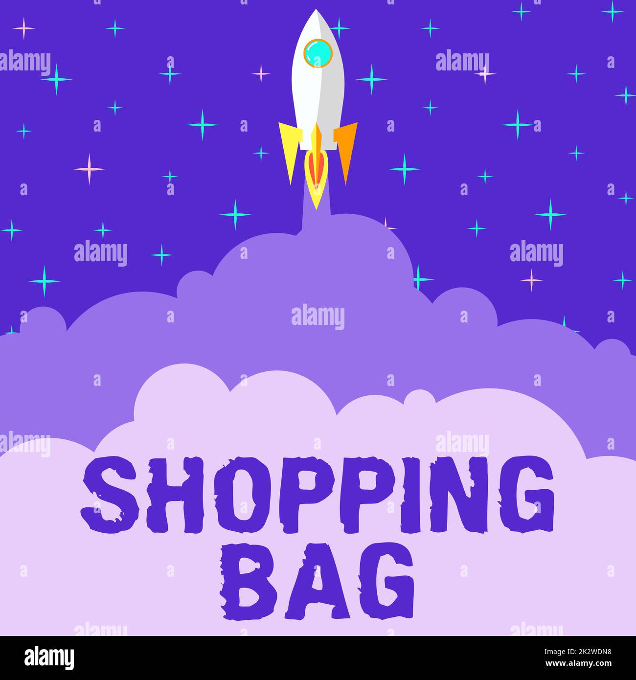 Einkaufstasche mit Konzeptionierung. Konzept, das Container für die Beförderung von persönlichen Gegenständen oder den Kauf von Raketenschiffen bedeutet, die "Fast Straight Up to the Outer Space" starten. Stockfoto