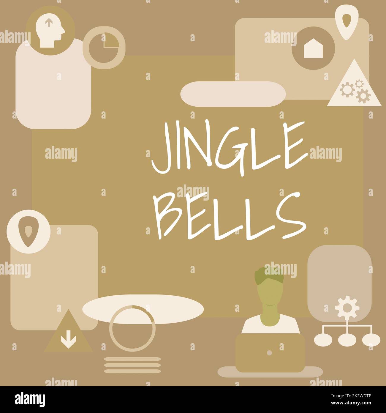 Textzeichen mit Jingle Bells. Wort geschrieben auf dem berühmtesten traditionellen Weihnachtslied auf der ganzen Welt Mann sitzt am Schreibtisch und präsentiert neue Technologien. Stockfoto