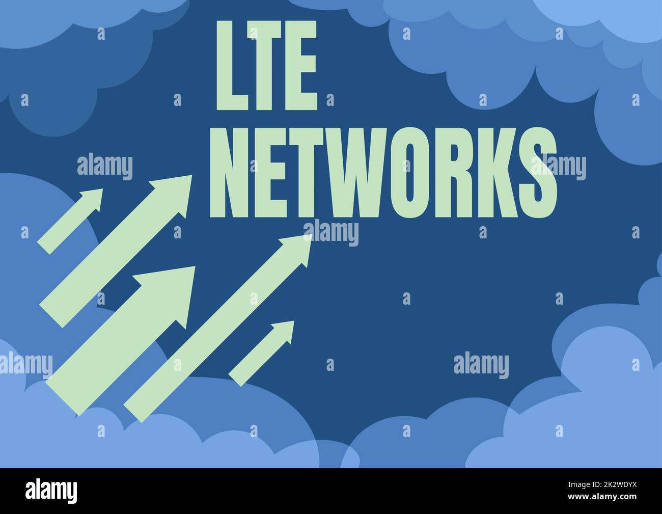 Schild mit LTE-Netzwerken. Konzeptionelle, fotoschnellste Netzwerkverbindung verfügbar für drahtlose Kommunikation Pfeile, die sich schnell in den Himmel bewegen, umgeben von Wolken, die Ziele erreichen Stockfoto