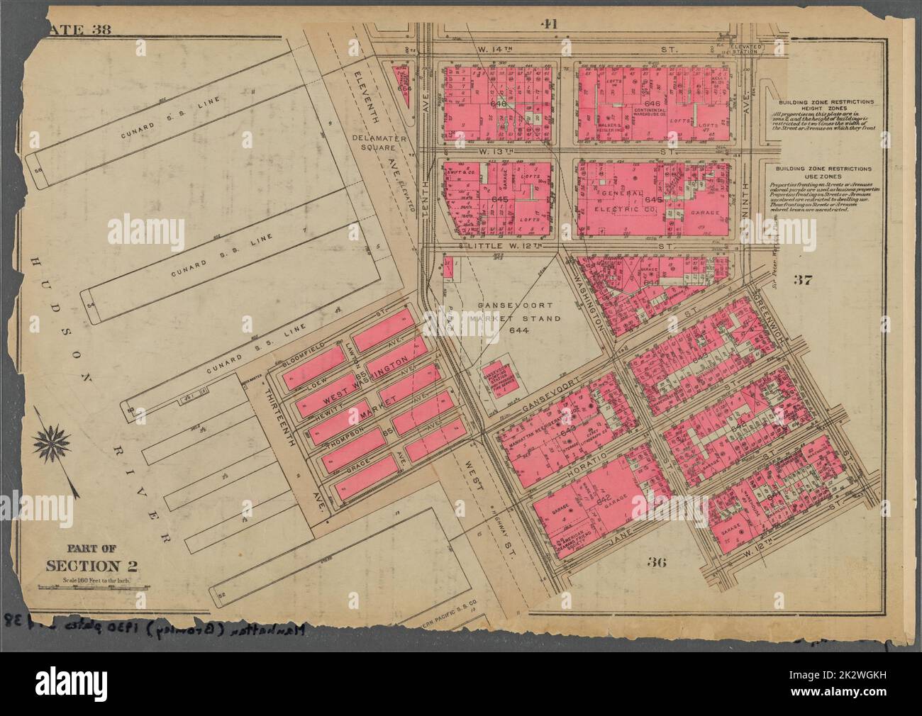 Kartografisch, Karten. 1930. Lionel Pincus und Prinzessin Firyal Map Division. Immobilien , New York (Bundesstaat) , New York, Manhattan (New York, N.Y.) Tafel 38, Teil von Abschnitt 2: Begrenzt durch W. 14. Street, Ninth Avenue, Greenwich Street, W. 12. Street, Washington Street, Jane Street, West Street, Ganesvoort Street, (Hudson River Piers) Thirenth Avenue, Bloomfield Street und Eleventh Avenue Stockfoto