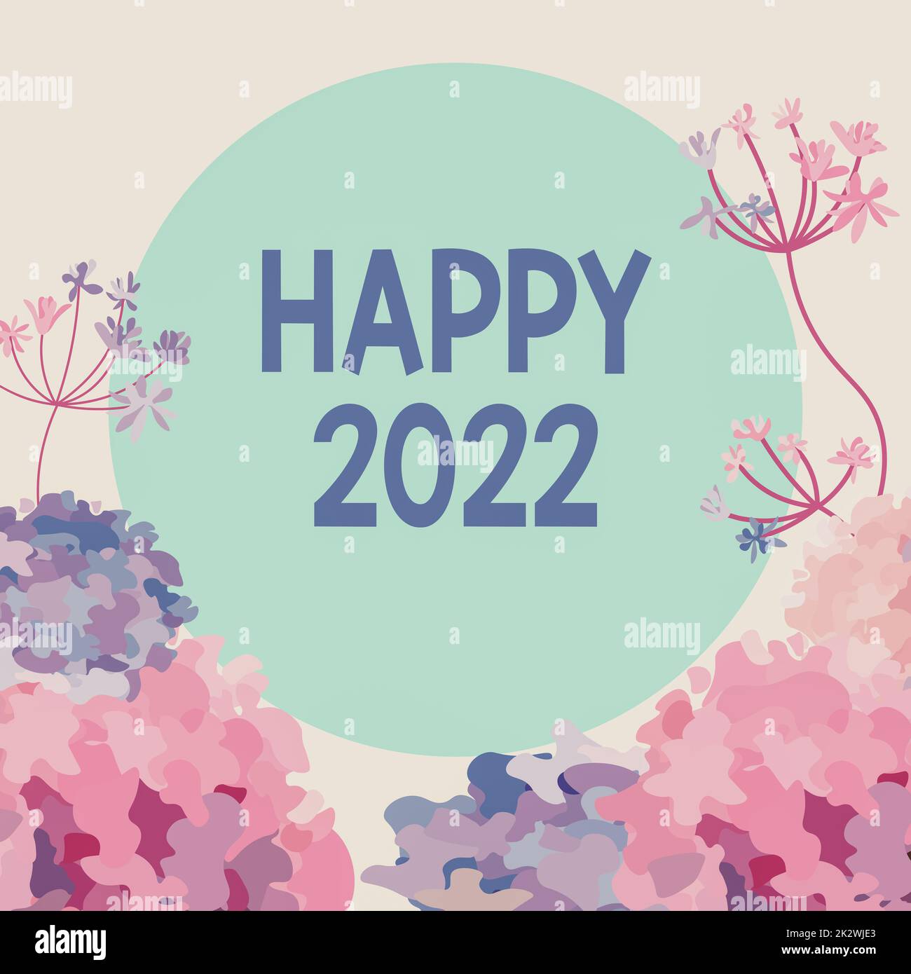 Konzeptionelle Überschrift Happy 2022. Wort für Zeit oder Tag, an dem ein neues Kalenderjahr beginnt Rahmen dekoriert mit farbenfrohen Blumen und Laub harmonisch angeordnet. Stockfoto