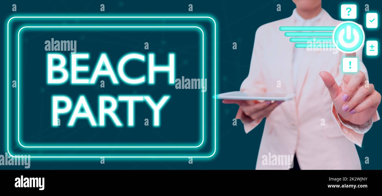 Konzeptionelle Bildunterschrift Beach Party. Wort für ein kleines oder großes Festival, das am Meer stattfindet und in der Regel die Bikinizone Lady im Anzug trägt und einen Stift hält, der für erfolgreiche Teamarbeit steht. Stockfoto