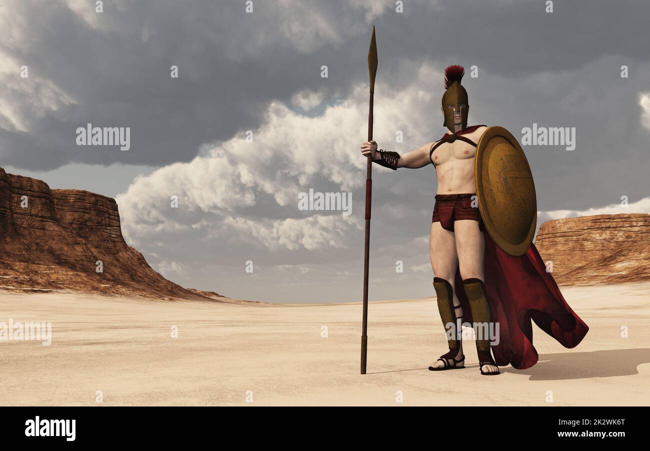 Spartanischer Krieger aus dem alten Griechenland in einer Landschaft Stockfoto