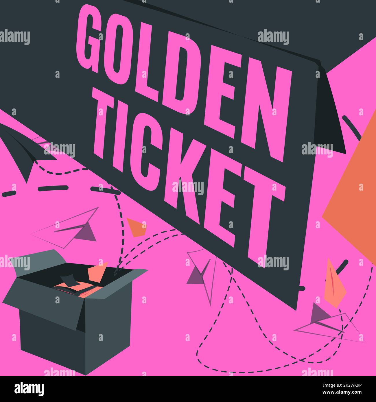 Inspiration mit Schild „Golden Ticket“. Word for Rain Check Access VIP Pass Box Sitzplatz Event Open Box mit fliegenden Papierflugzeugen präsentieren neue kostenlose Ideen Stockfoto