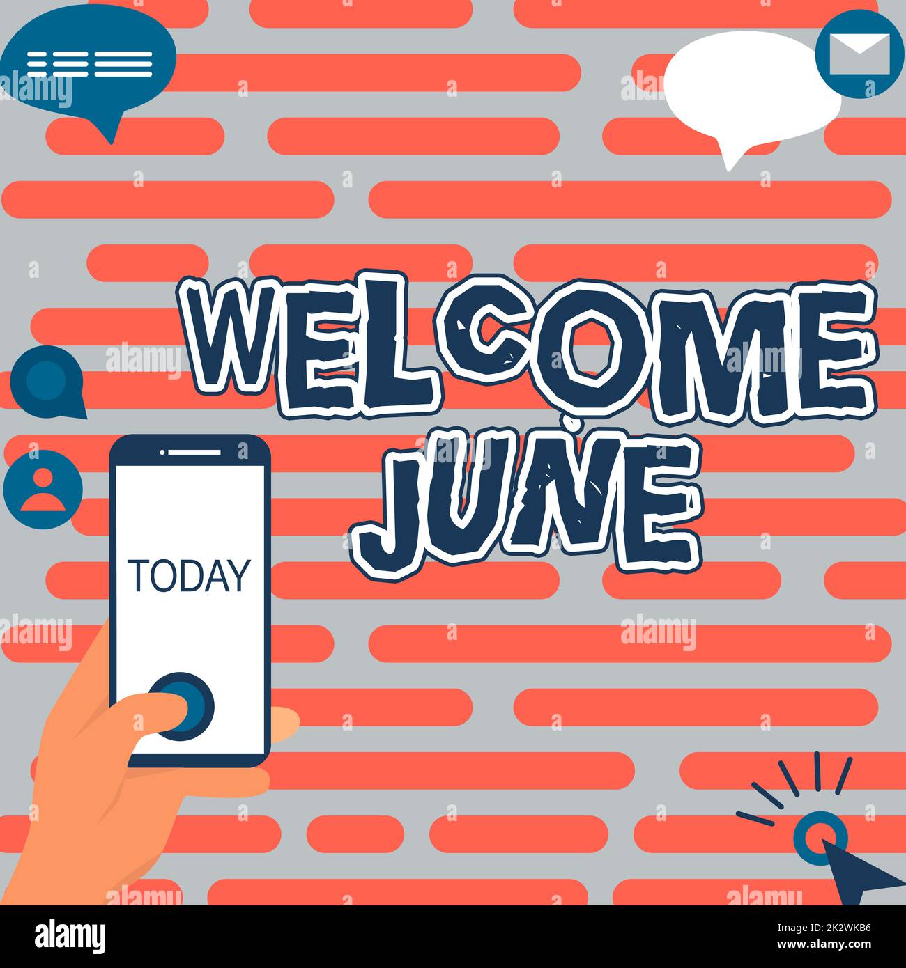 Textzeichen mit „Welcome June“ (Willkommen Juni). Business Showcase Kalender Sechster Monat zweites Quartal dreißig Tage Grüße Hände halten technologisches Gerät durch Drücken der Anwendungstaste. Stockfoto