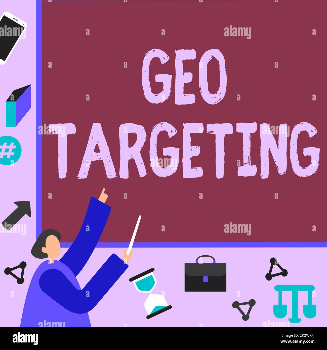 Textbeschriftung für Geo-Targeting. Internetkonzept Digitale Anzeigen Anzeigen Anzeigen IP-Adresse Adwords Kampagnen Standort Geschäftsmann zeigt Fingerpräsentation Board, das Planungsprojekte darstellt. Stockfoto