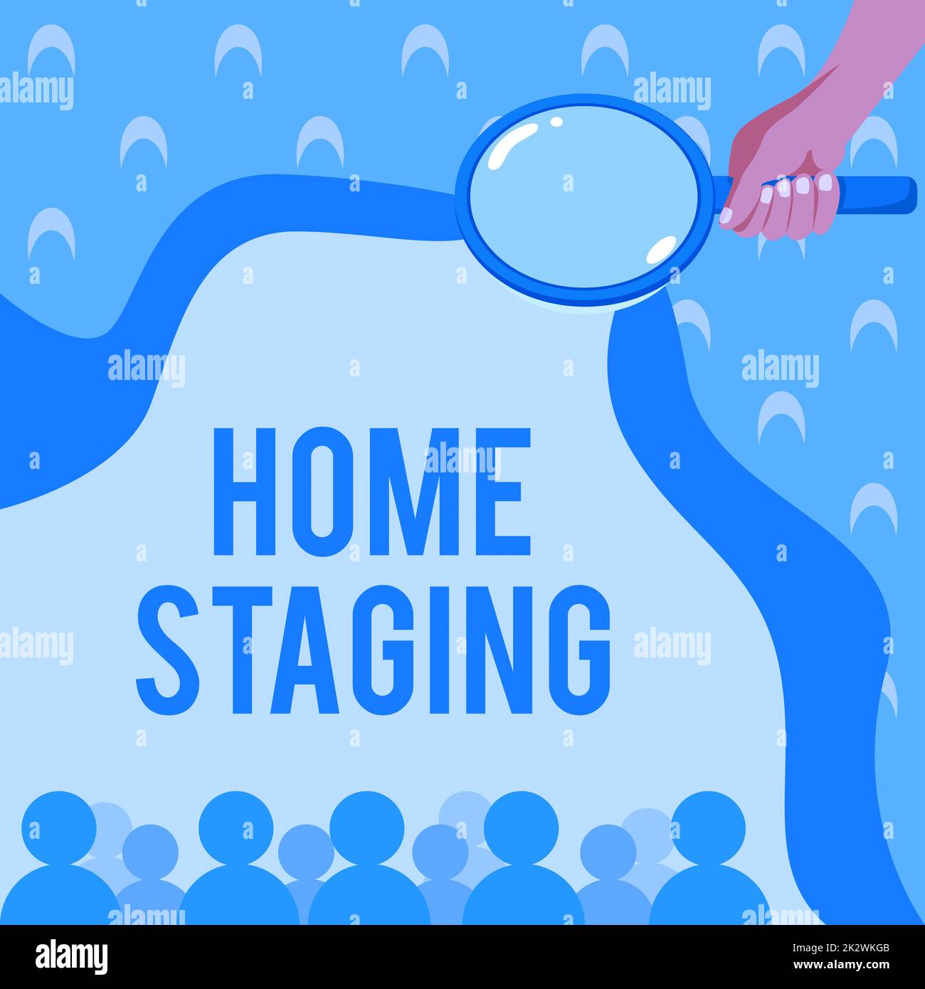 Signatur, die Home Staging anzeigt. Business Concept Act zur Vorbereitung eines Privatwohnsitzes auf den Verkauf im Markt Hand Holding Vergrößerungsglas Untersuchung der sozioökonomischen Struktur. Stockfoto