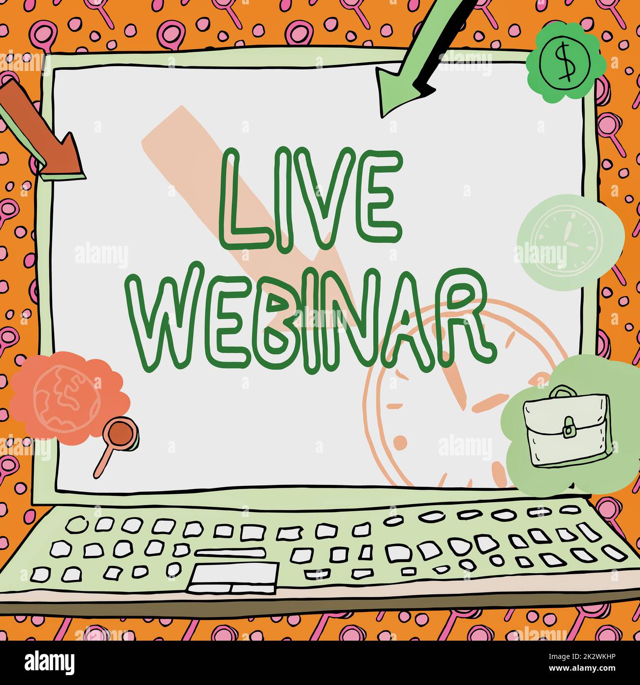 Konzeptdarstellung Live-Webinar. Geschäftsübersicht Interaktives Seminar, das über das Internet übertragen wird Echtzeit-Poster mit monetären Symbolen, die die Pünktlichkeit der Mitarbeiter anzeigen. Stockfoto