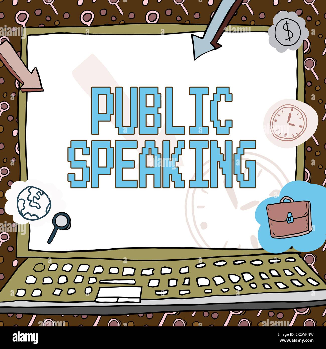 Handgeschriebenes Schild "Public Speaking". Geschäftsansatz Vortrag Präsentation Präsentation Poster mit monetären Symbolen, die die Pünktlichkeit der Mitarbeiter anzeigen. Stockfoto