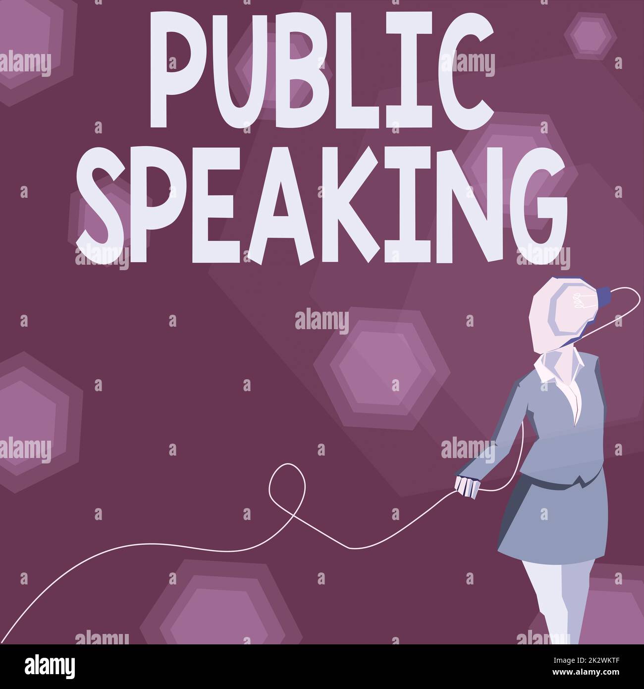 Textzeichen mit der Meldung „Public Speech“. Geschäftsvorführung, die die Bühne in der Fachkonferenz zeigt Präsentationsdame trägt Anzug mit einem Kopf voller Ideen, dargestellt durch eine Glühbirne. Stockfoto